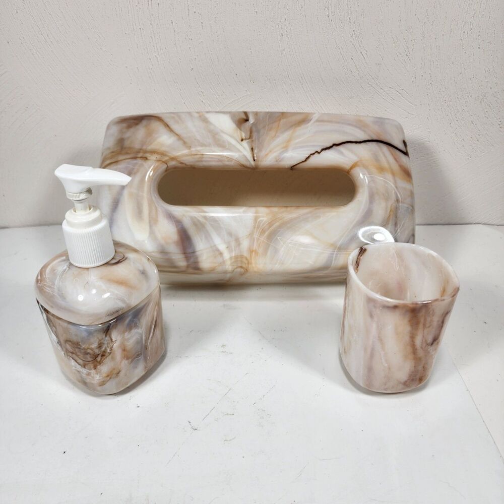 Set 3 VTG Londonware Onyx Marble Bathroom Set Tissue Box Soap Dish Tumbler (b43)